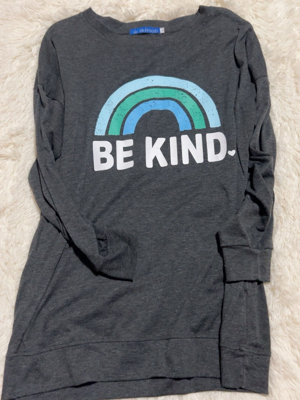 iris Charcoal Long-Sleeve Women’s Tee with Blue-Green Rainbow "BE KIND"